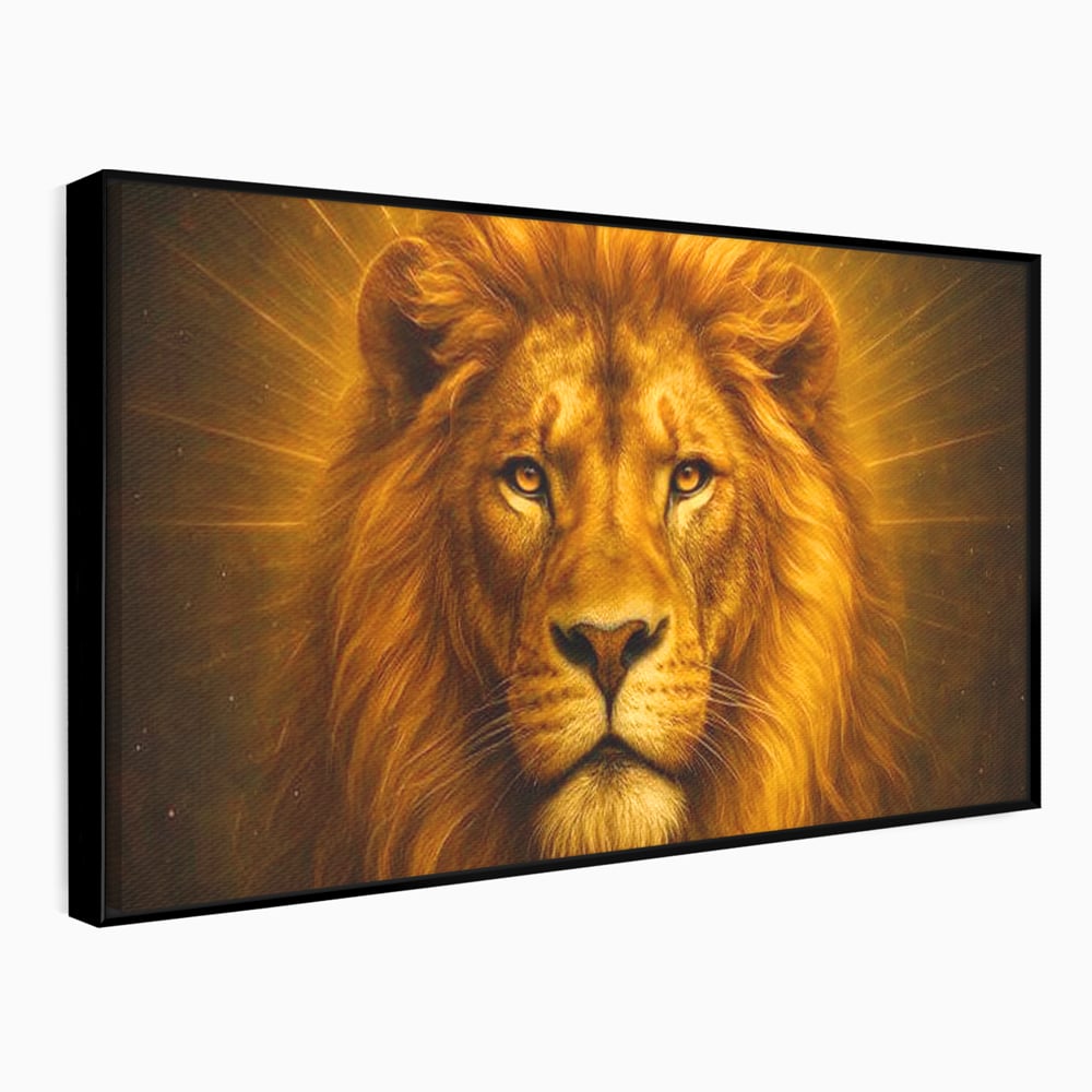 Tablou canvas cu tablou canvas cu portret de leu, in rama de aluminiu negru